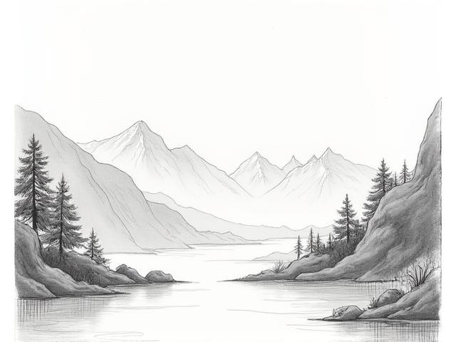 Illustrative sketch of lush mountain landscape
