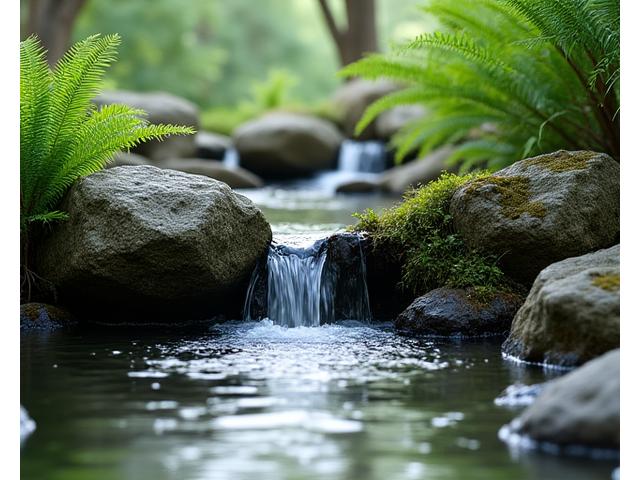 Natural bubbling rock water feature in a serene garden setting