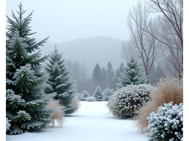 Snow-dusted evergreen plants in a winter garden, serene