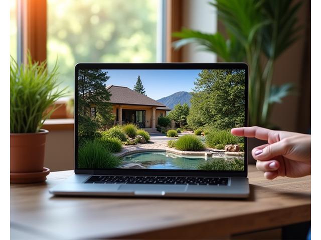 Laptop with a digital landscape design and a hand pointing